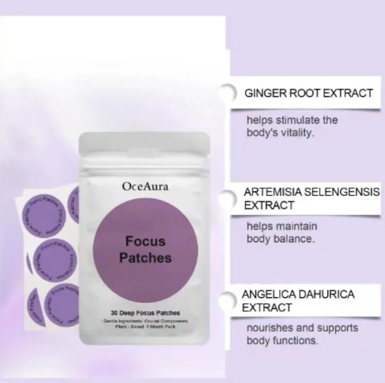 OceAura Focus Patches – 30 Parches de Concentración Profunda
🌿 Ingredientes Naturales | 🌱 Fáciles de Usar | 💜 1 Mes de Suministro